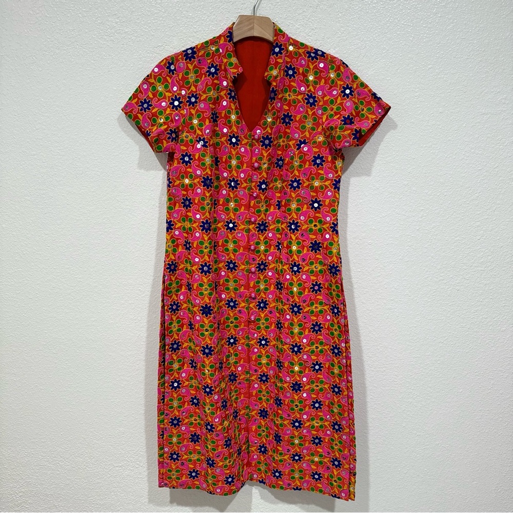 indian red & pink kurta asian oriental floral short sleeve shirt dress